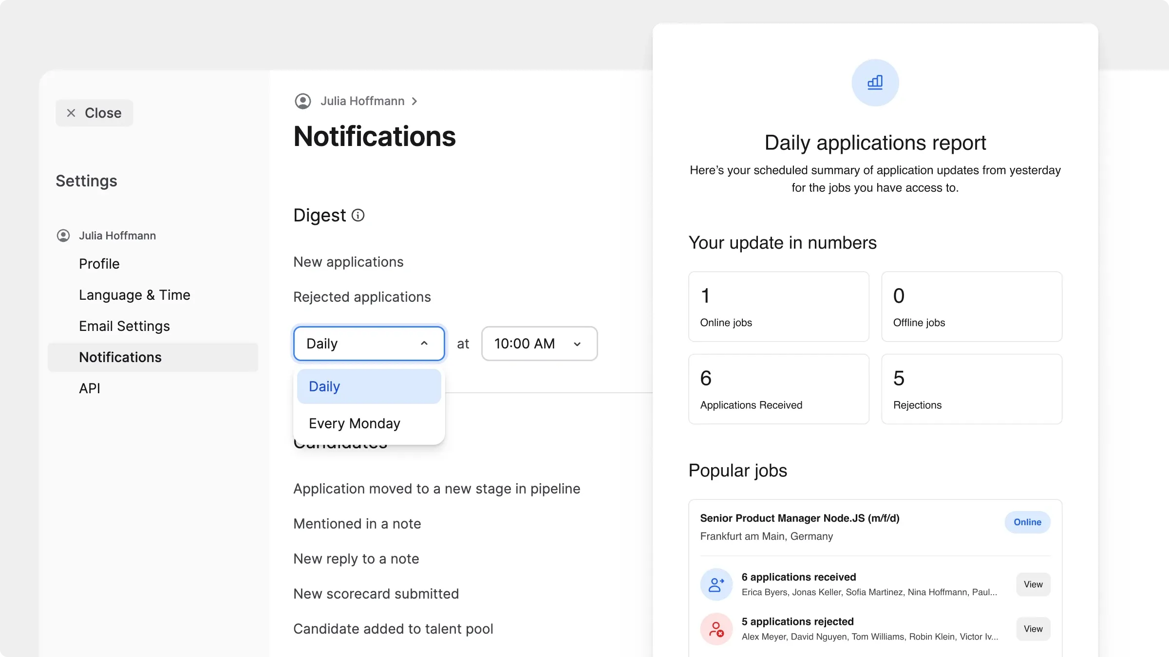 Daily or weekly application digest settings beside an example report email