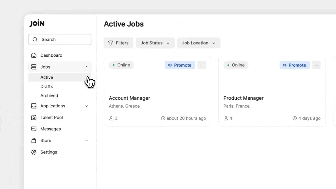 Jobs sidebar with Active, Drafts and Archived views beside job cards