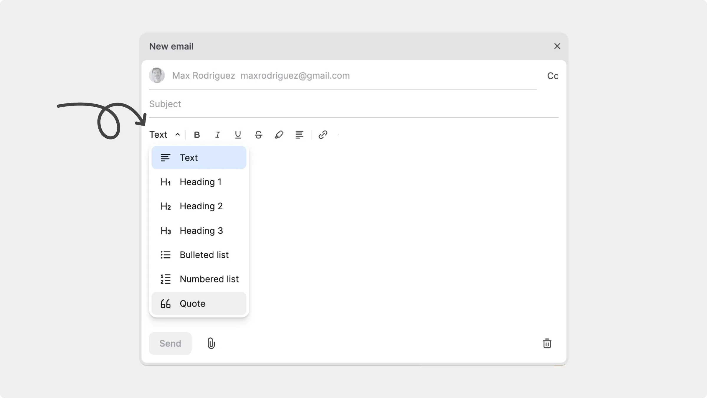 Email editor with headings, lists, quotes and text formatting options