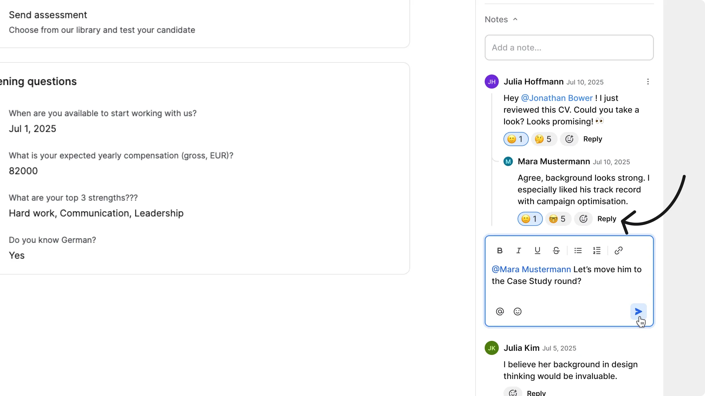 Reply editor beneath a candidate note with replies grouped in a thread