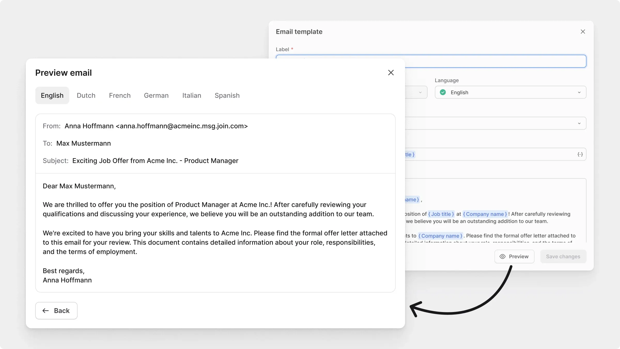 Email preview showing resolved placeholders and the formatted message