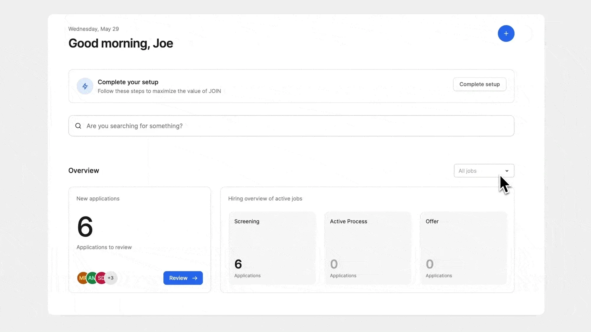 Dashboard overview showing new applications and hiring stages across active jobs