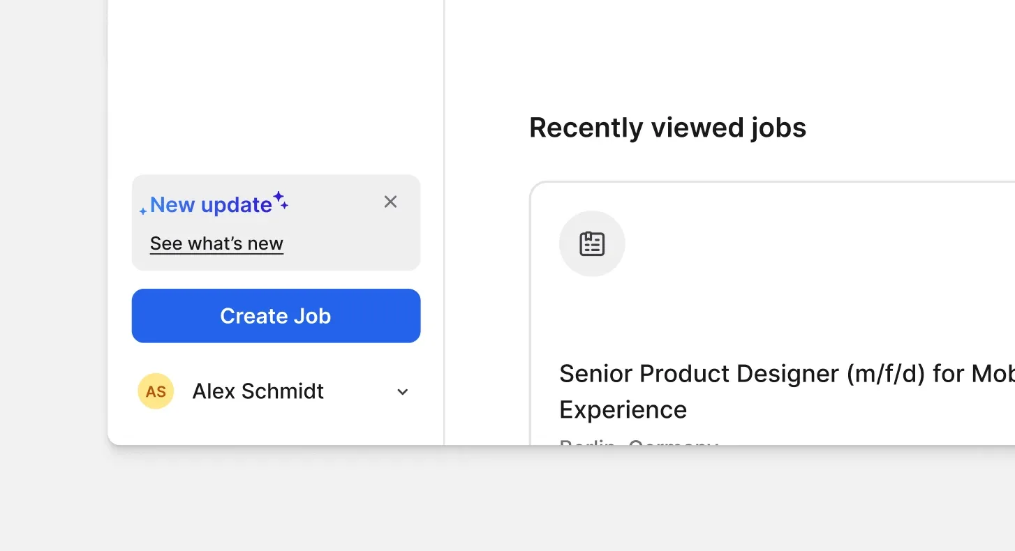 Product update link beside recently viewed jobs on the dashboard