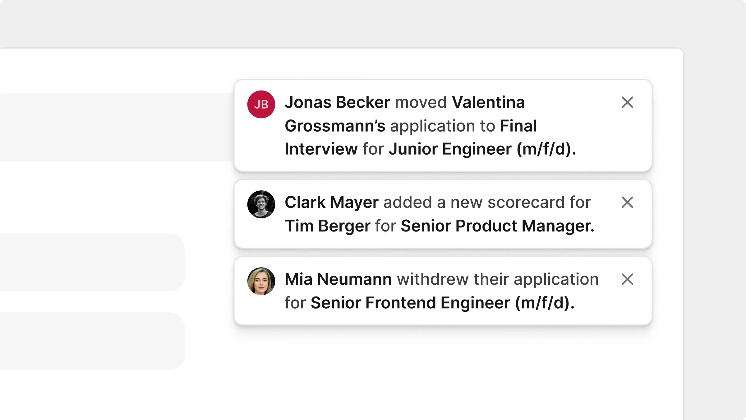 In-app notifications for candidate stage changes, scorecards and withdrawn applications