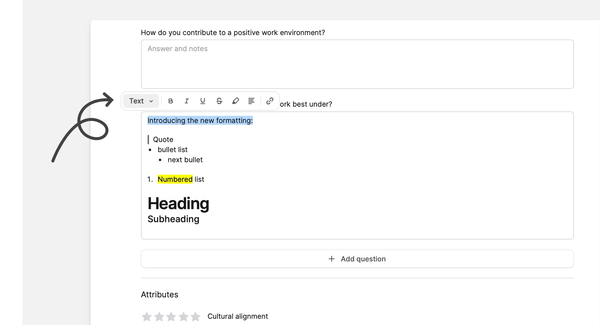 Scorecard notes with headings, nested lists and highlighted text