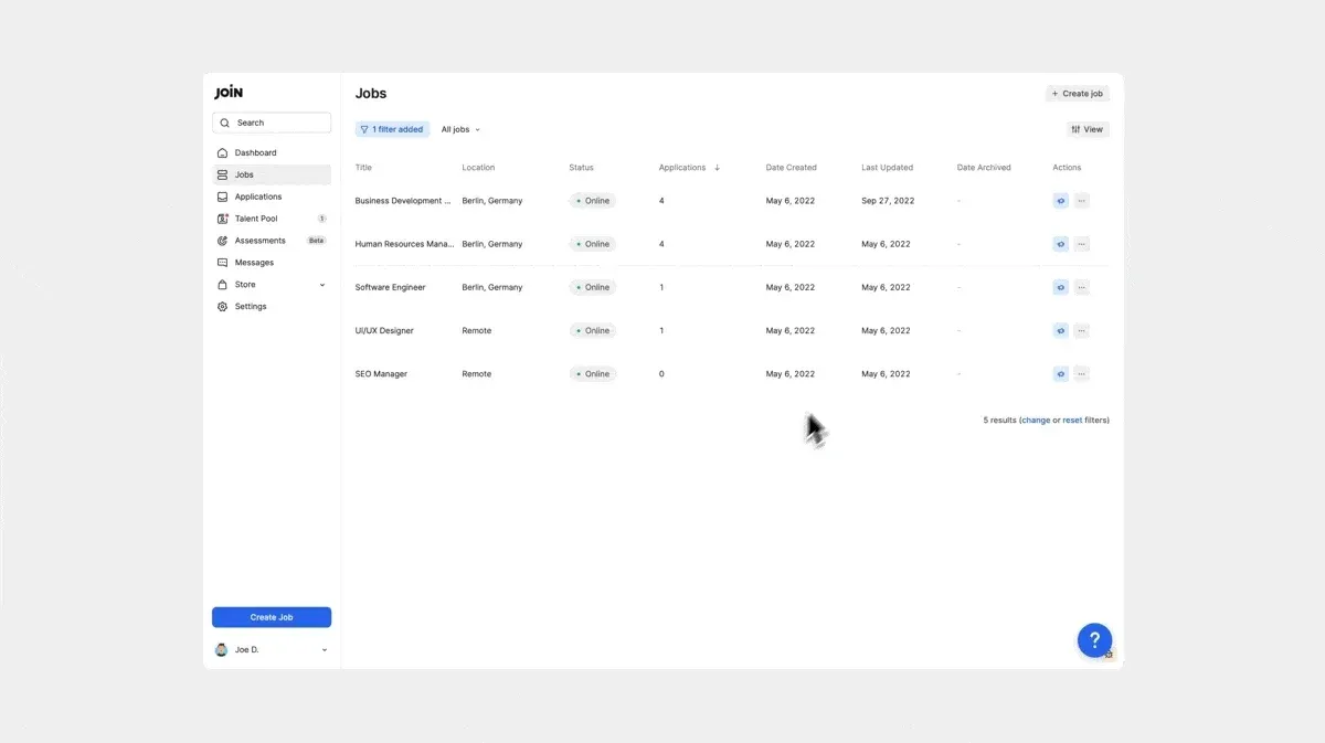 Jobs table showing job status, application counts and update dates