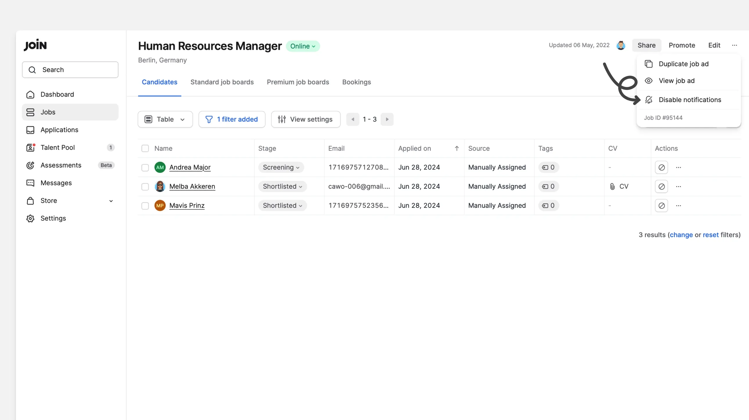 Job action menu with an option to disable notifications