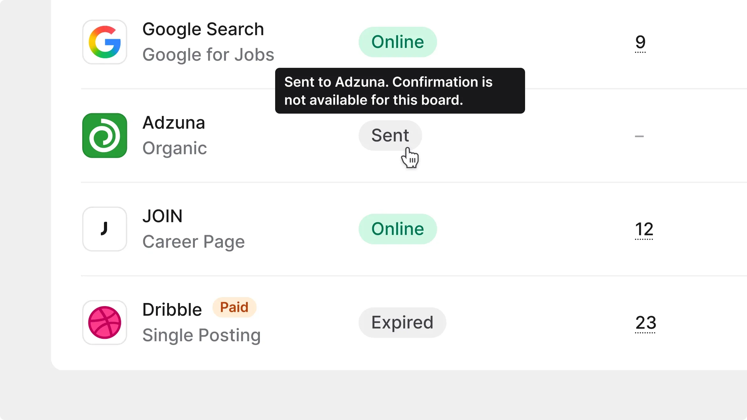 Posting status tooltip explaining that confirmation is unavailable for Adzuna