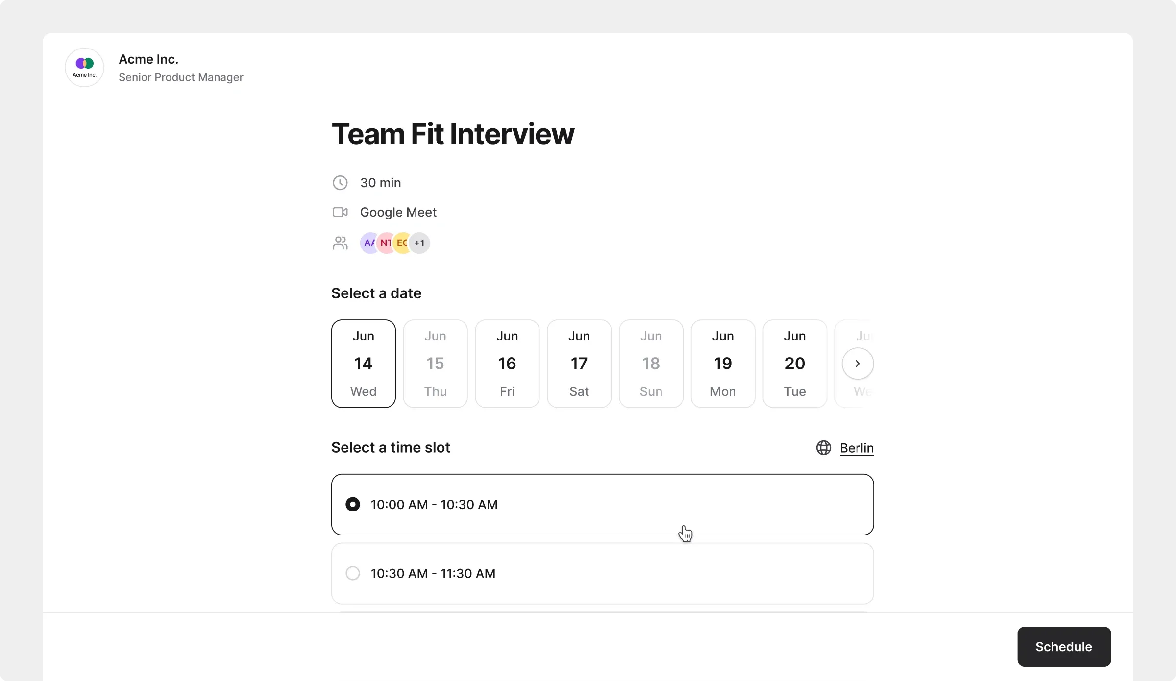 Candidate booking page with available interview dates and time slots
