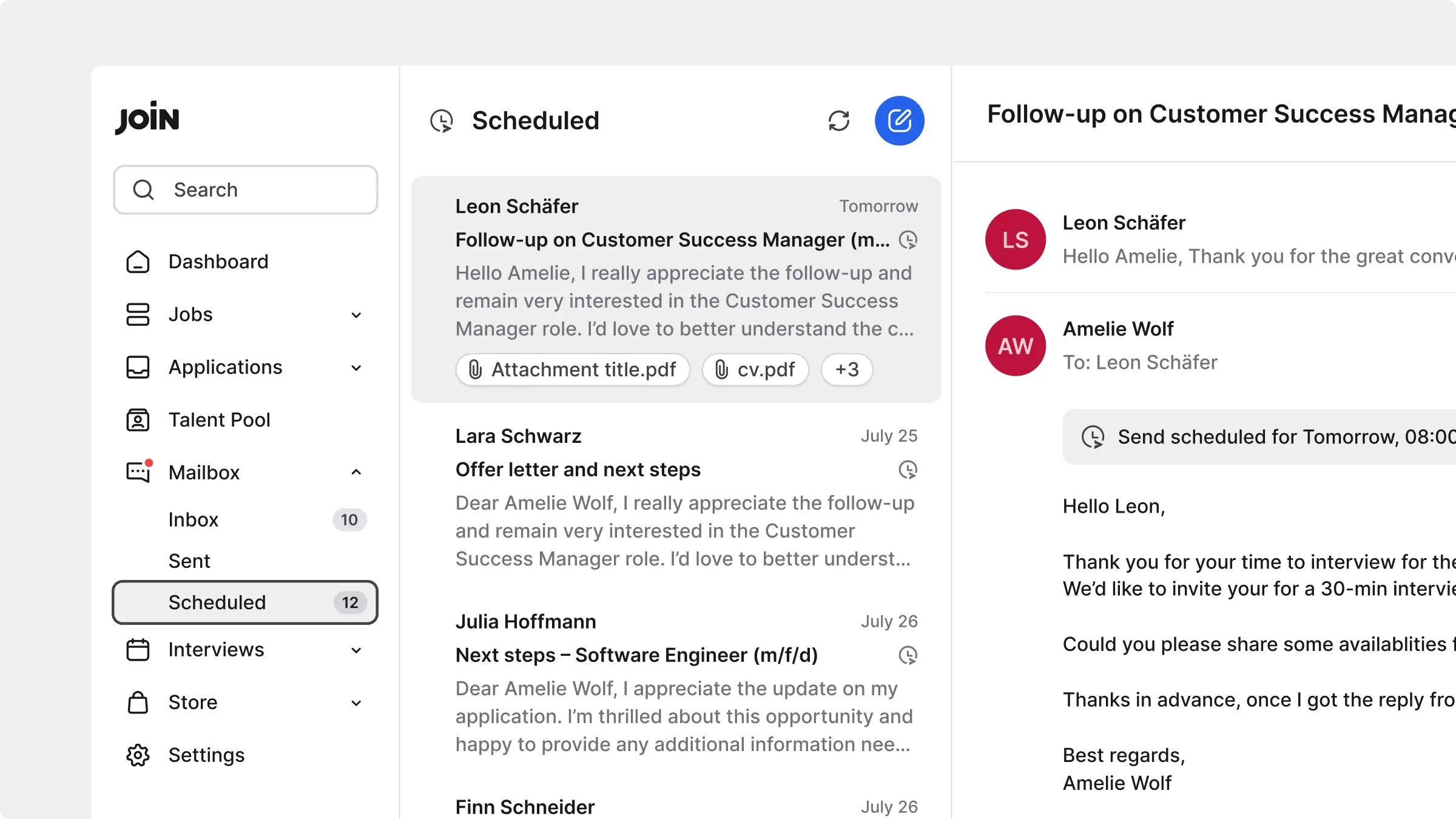 Scheduled emails in the Mailbox with a message and its planned delivery time