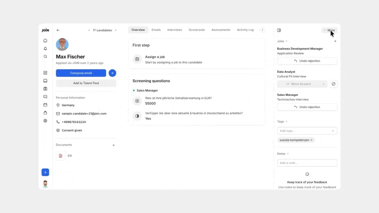 Candidate profile showing personal details, screening questions and applications
