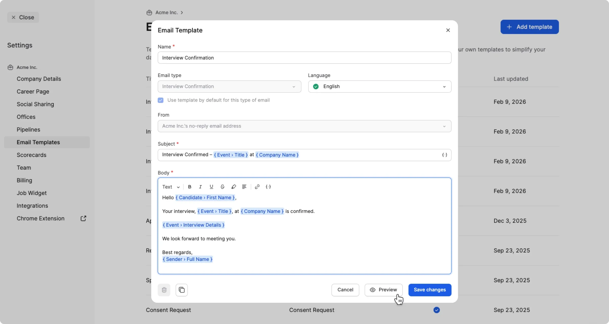 Interview confirmation email template with candidate and event placeholders