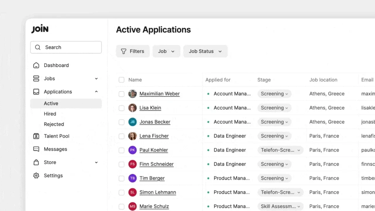 Applications sidebar with Active, Hired and Rejected views beside the applications table