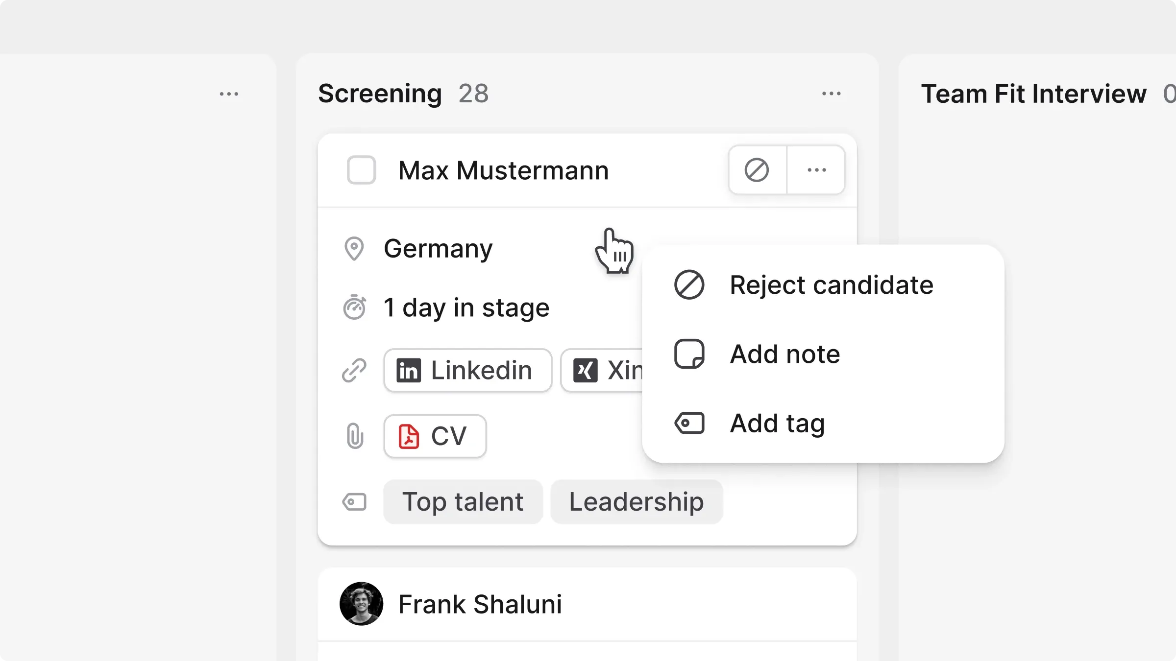 Candidate card action menu with reject, add note and add tag options