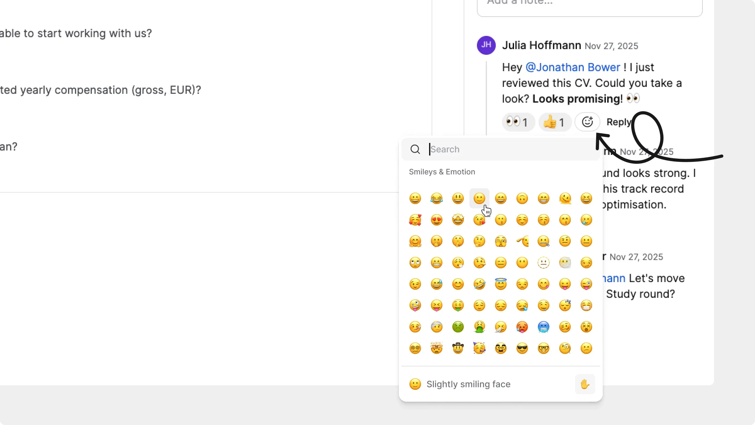 Emoji picker for reacting to a candidate note