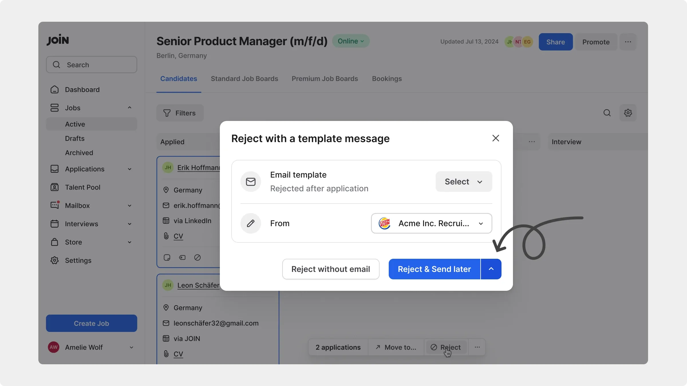 Bulk rejection dialog with an option to reject and send the email later