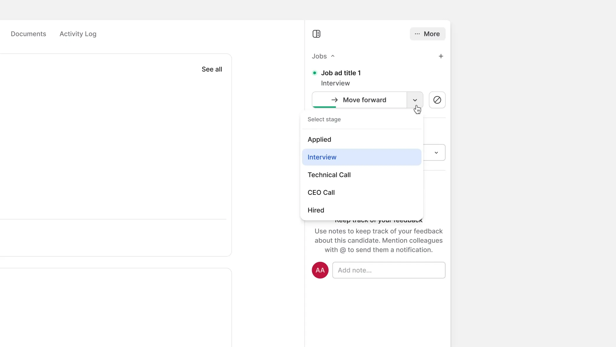 Application stage menu in the right sidebar of a candidate profile