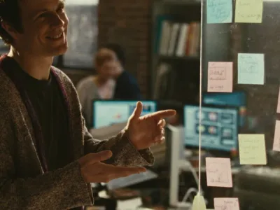 A startup founder mapping roles on a glass sticky-note board in an open-plan office