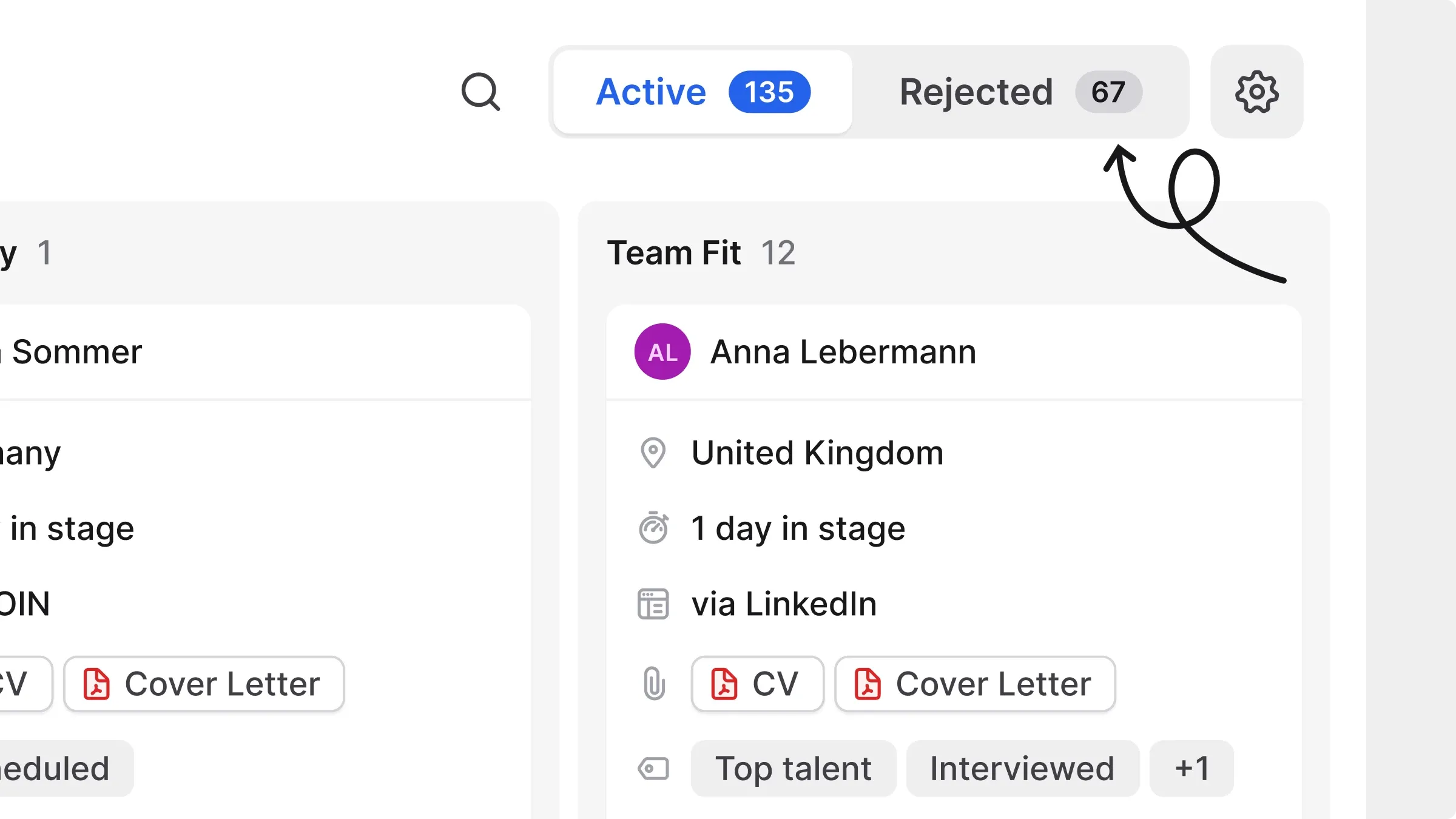 Active and rejected application totals above candidate counts for each pipeline stage