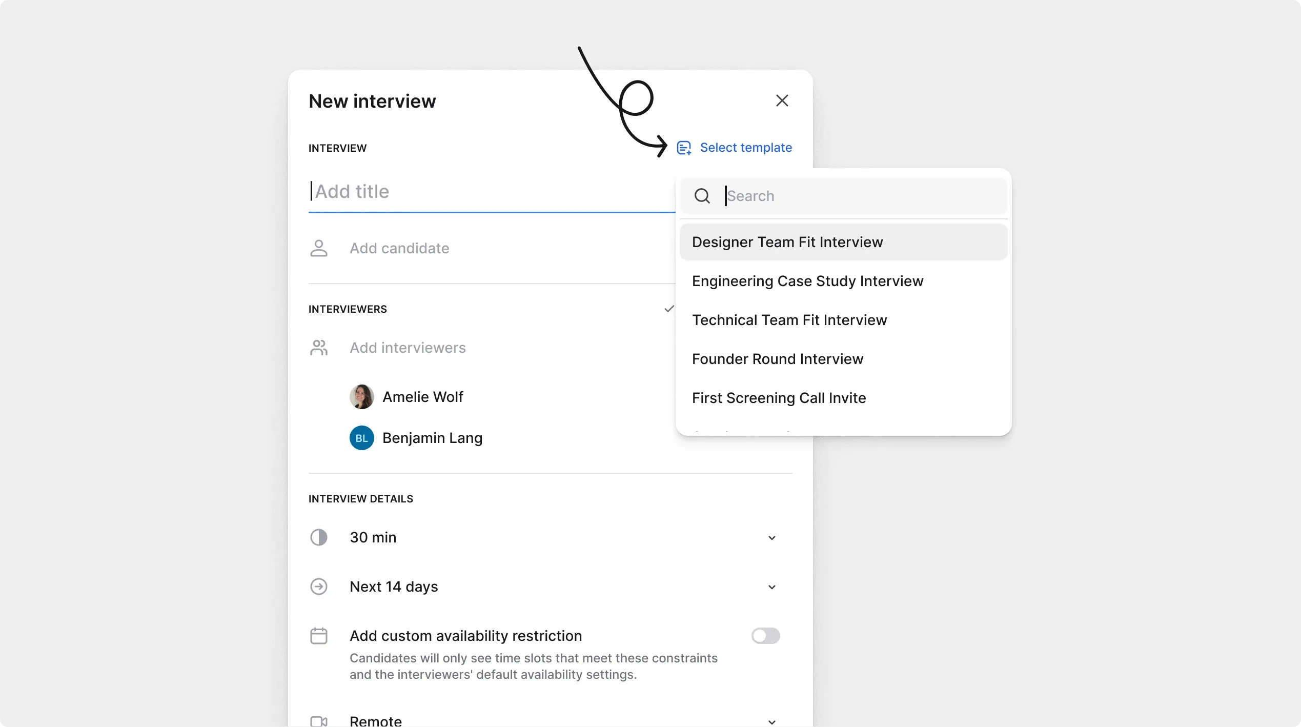 Interview creation dialog with a menu of reusable templates