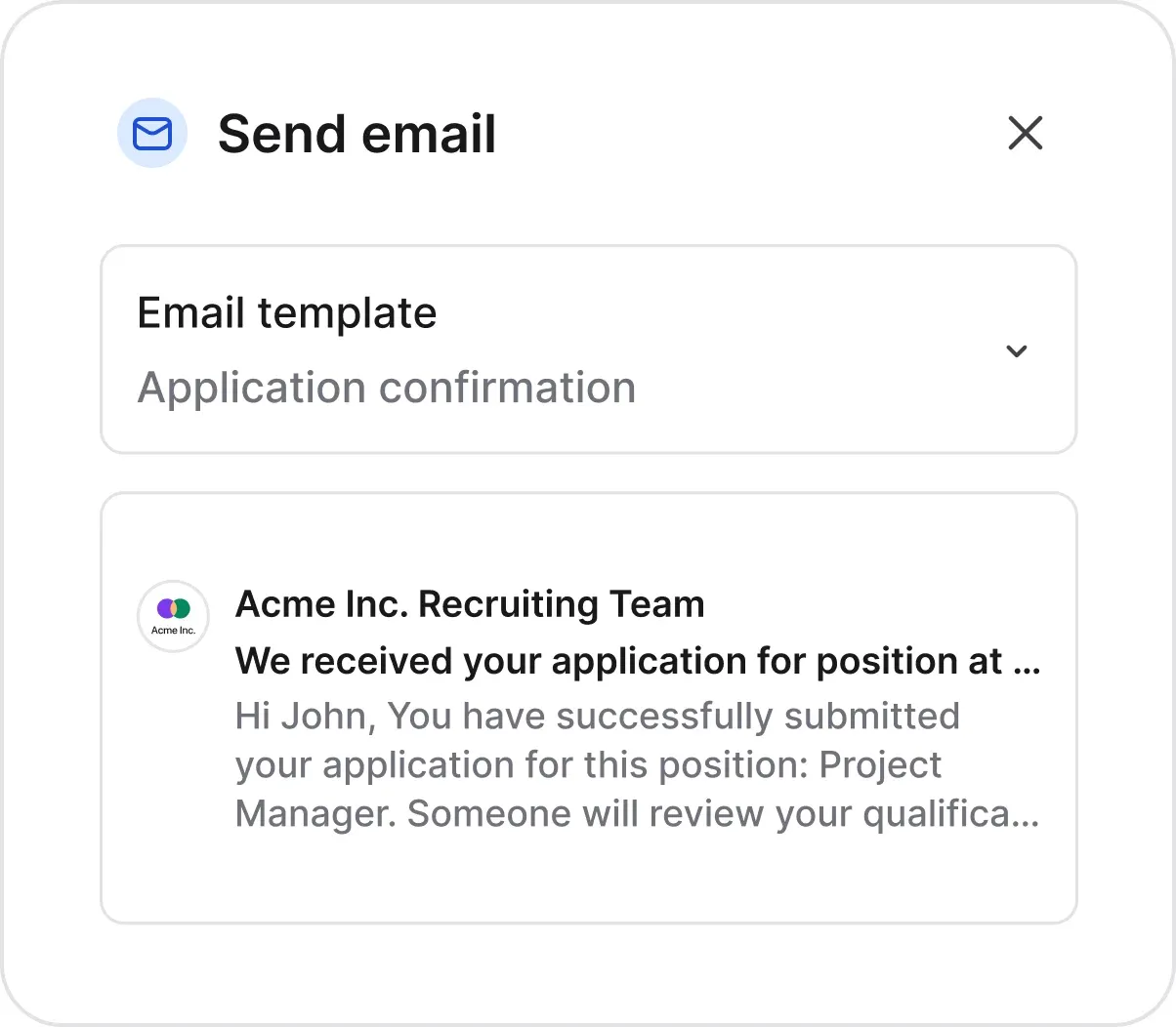 Send email automation with an email template selected and a preview of the message