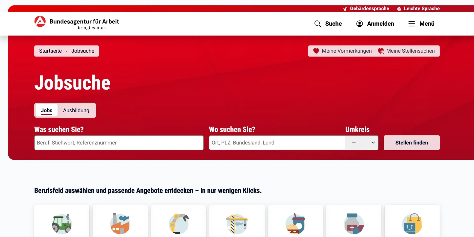 De Jobsuche van de Bundesagentur für Arbeit: zoeken op beroep en plaats boven een overzicht van beroepsvelden