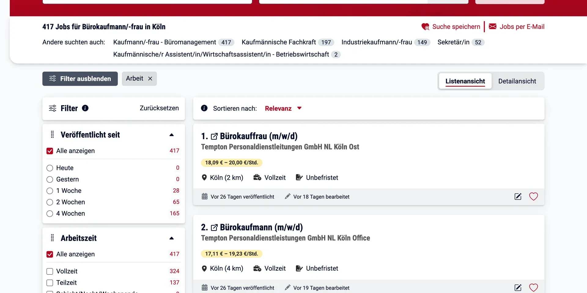 Resultaten in de Jobsuche: 417 vacatures voor administratief medewerker in Keulen, met filters naast de lijst