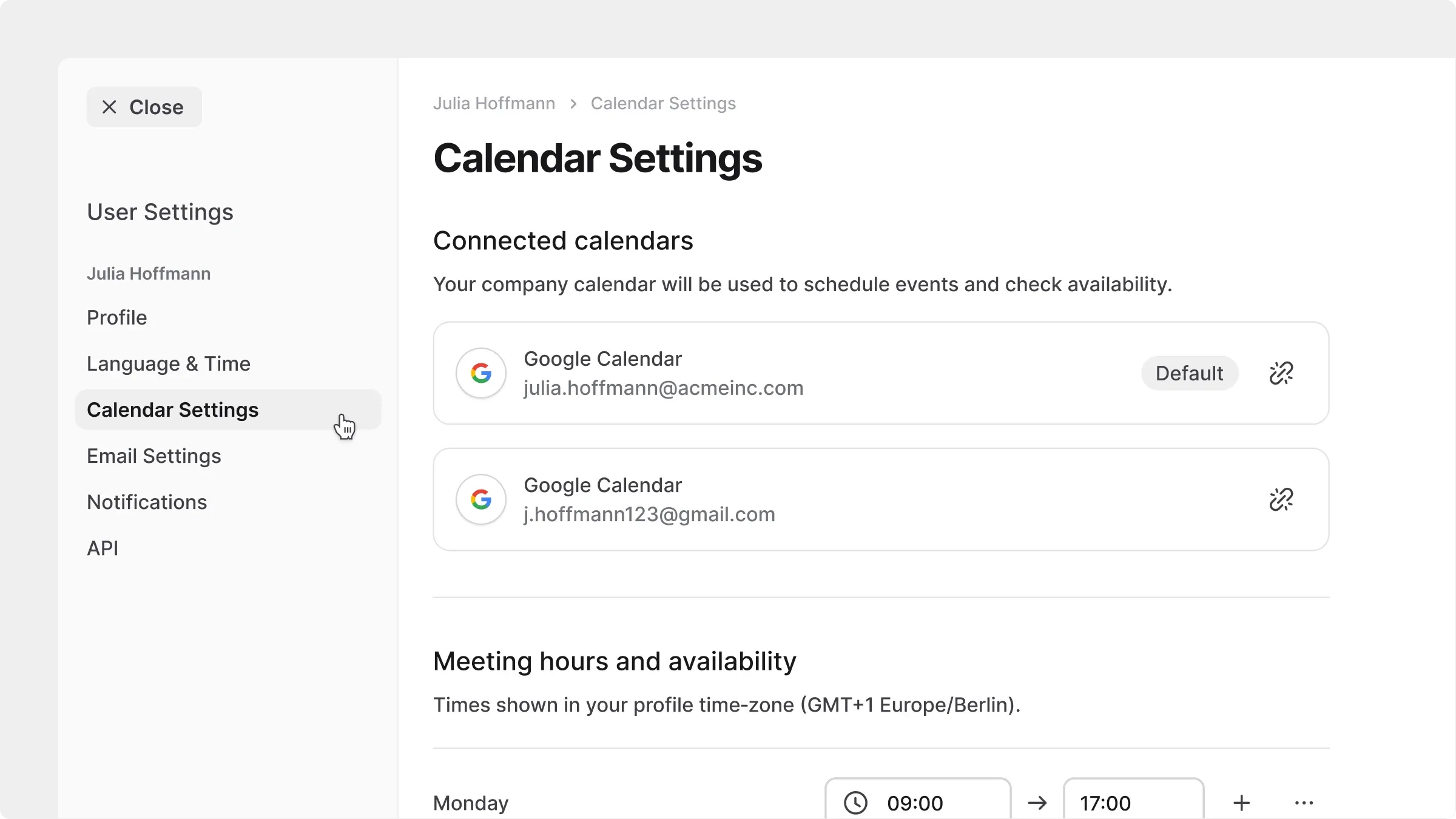 Calendar settings with connected Google calendars and meeting availability