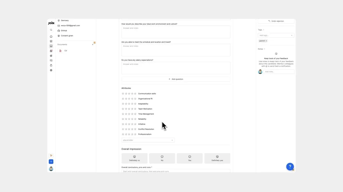 Scorecard editor with questions and editable evaluation attributes