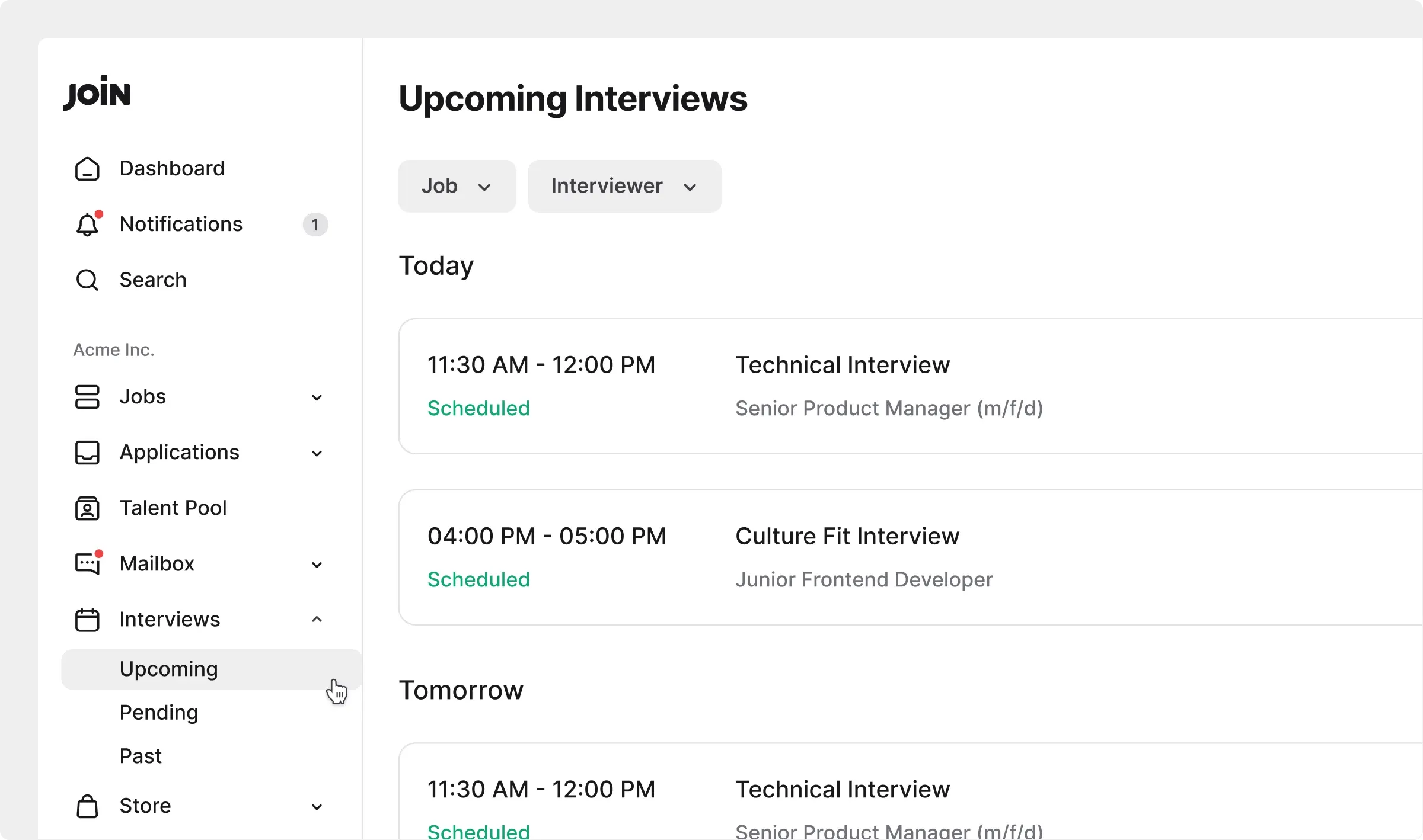 Upcoming interviews view with job and interviewer filters