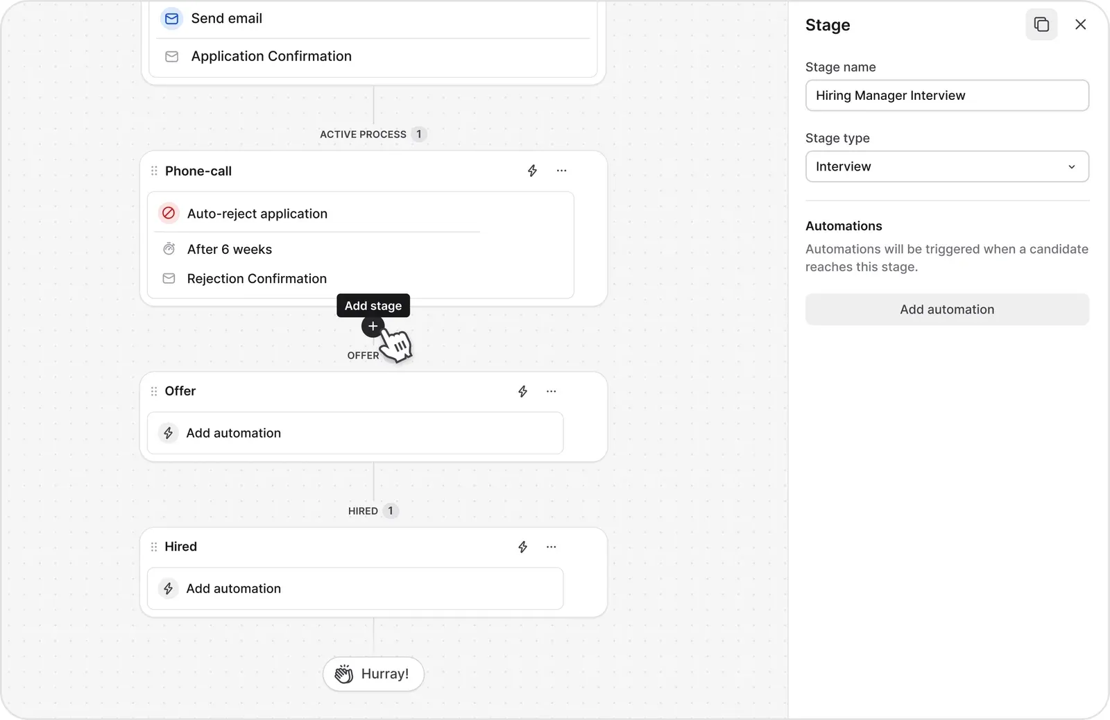 Pipeline template canvas with every stage in view and the stage panel open to set its type and automations