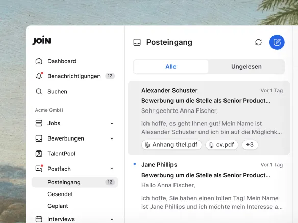 Bewerberkommunikation und Teamzugriff im Kandidatenprofil von Join