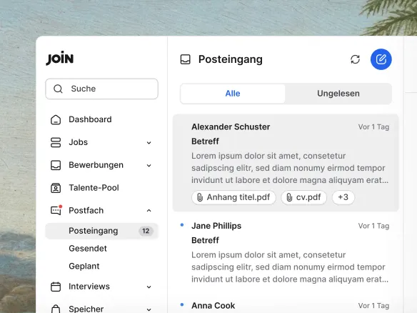 Join Kandidaten-Kommunikation zeigt geteilten Team-Messaging-Thread