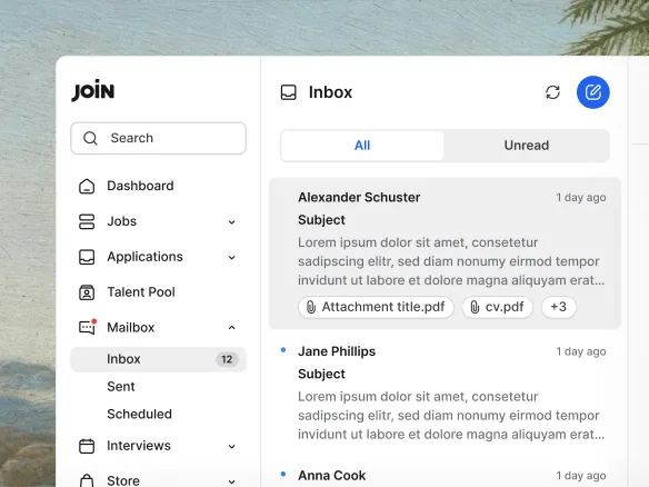 Join hiring pipeline with candidate cards and team collaboration