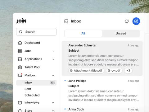 Join unified candidate inbox showing an email thread tied to a candidate profile