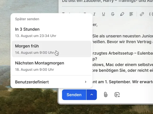 Join Verfassen-Fenster mit einem geplanten Versand-Picker für Dienstag 10 Uhr