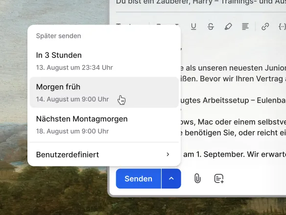Join Verfassen-Fenster mit einem geplanten Versand-Picker für Dienstag 10 Uhr