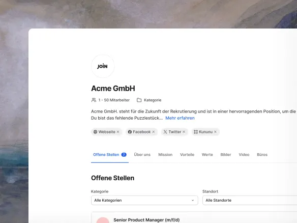 Gebrandete Join-Karriereseite mit individuellen Farben, Logo und offenen Stellen