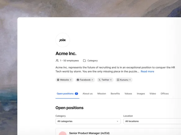 Ejemplo de perfil de empresa en Join con información y vacantes abiertas