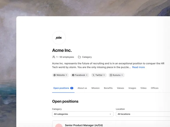 Page carrière Join à votre marque avec couleurs, logo et offres ouvertes