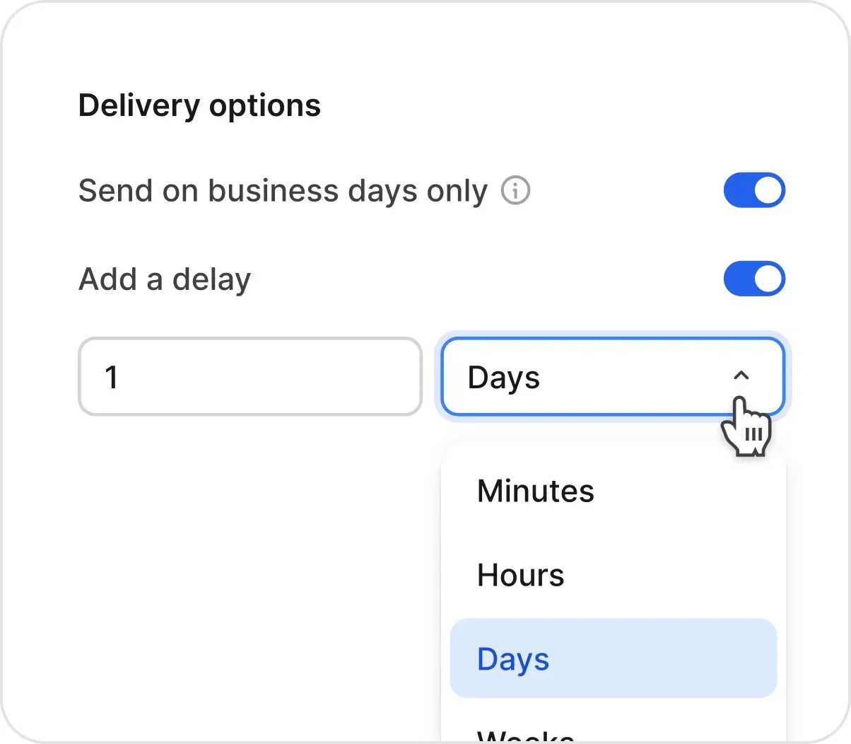 Delivery options for an email automation with a send delay and business-days-only toggle