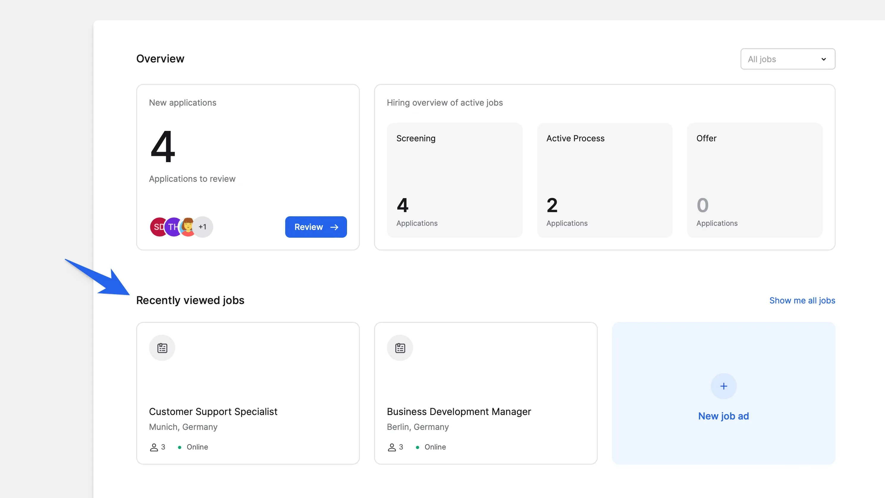 Dashboard cards for recently viewed jobs beneath the hiring overview