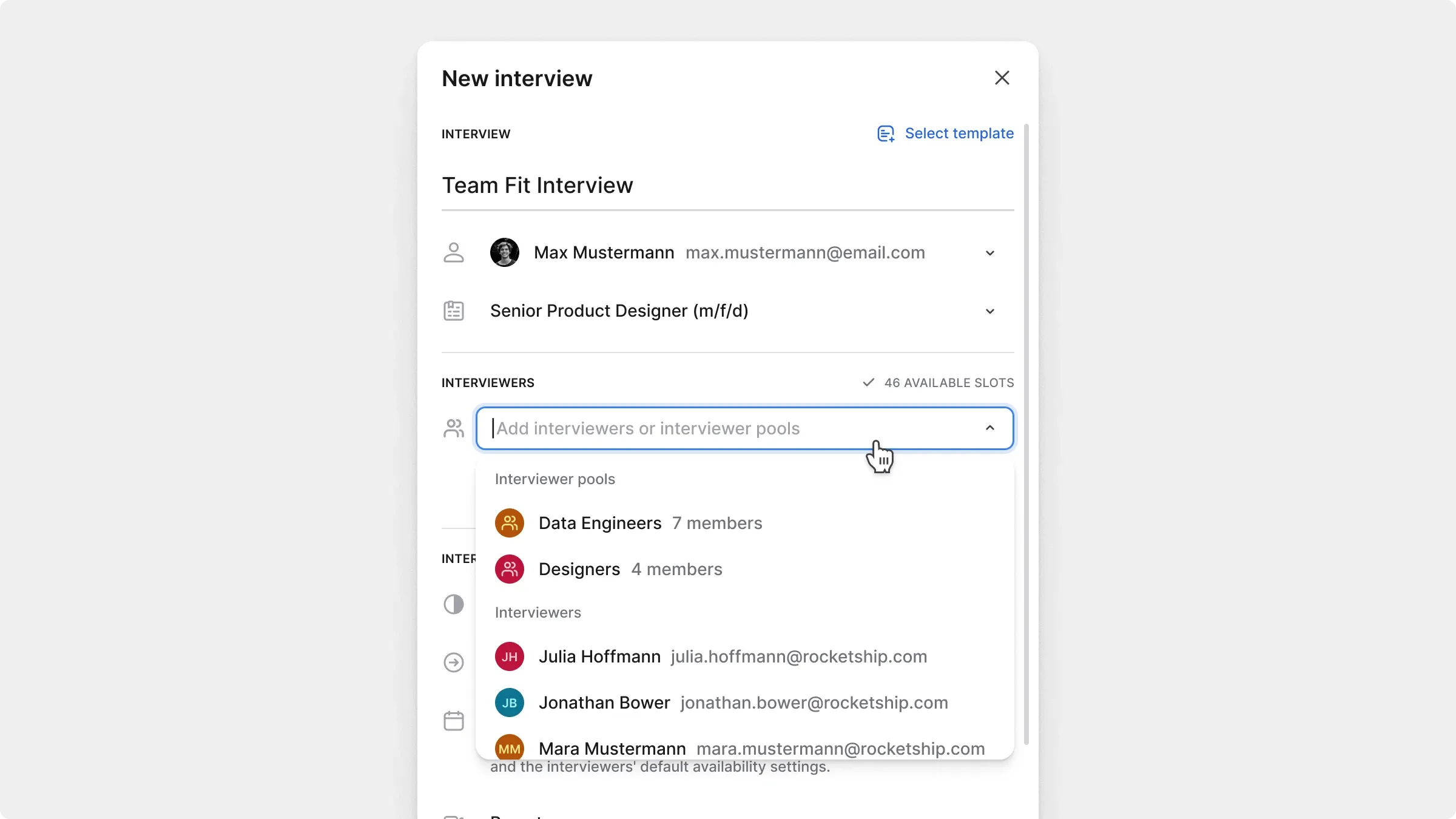 Interviewer selection menu showing a pool and individual interviewers