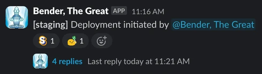 A Slack message showing Bender deploying the services that passed E2Es to the staging environment.