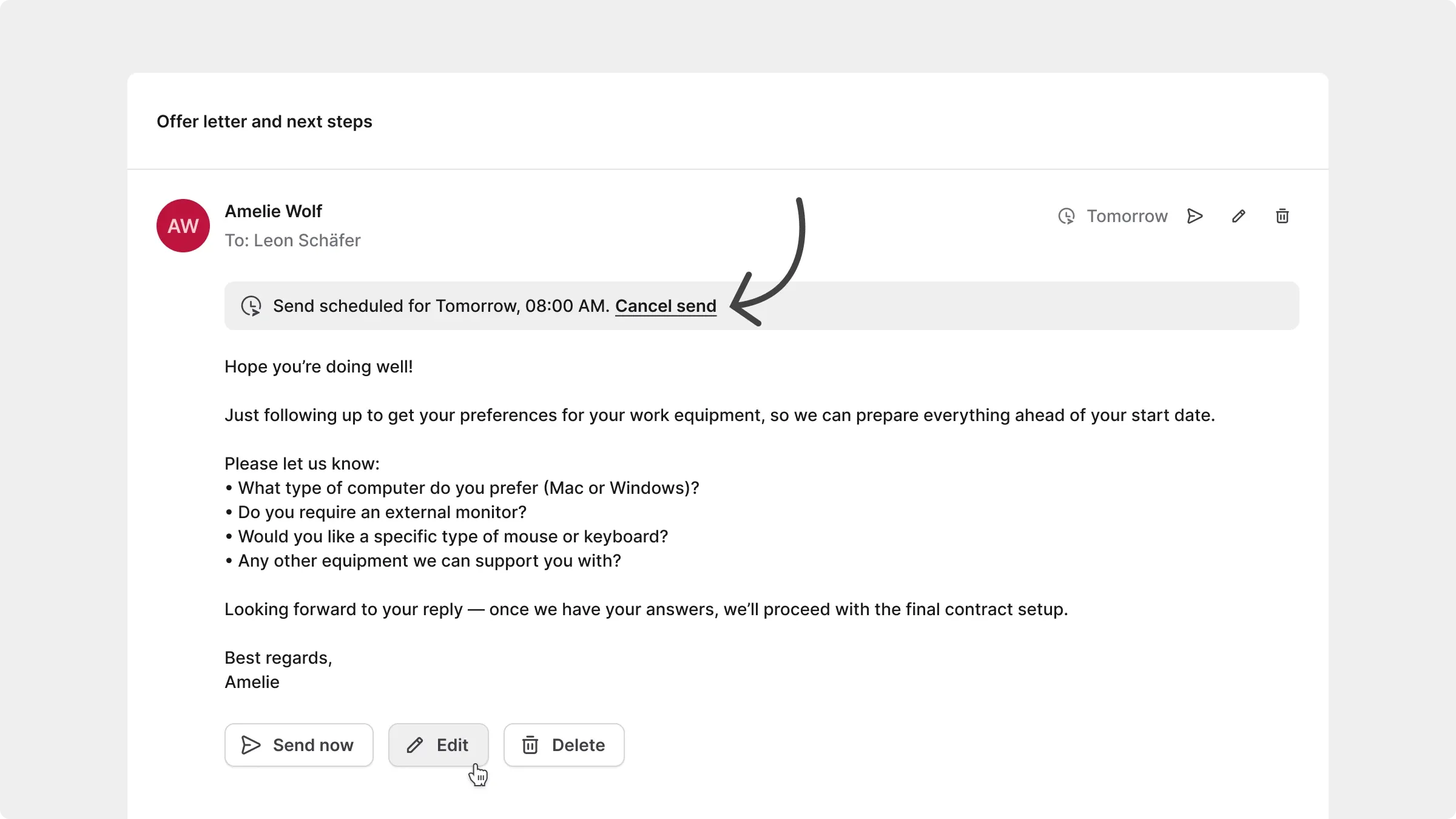 Scheduled message with options to cancel delivery, send now, edit or delete