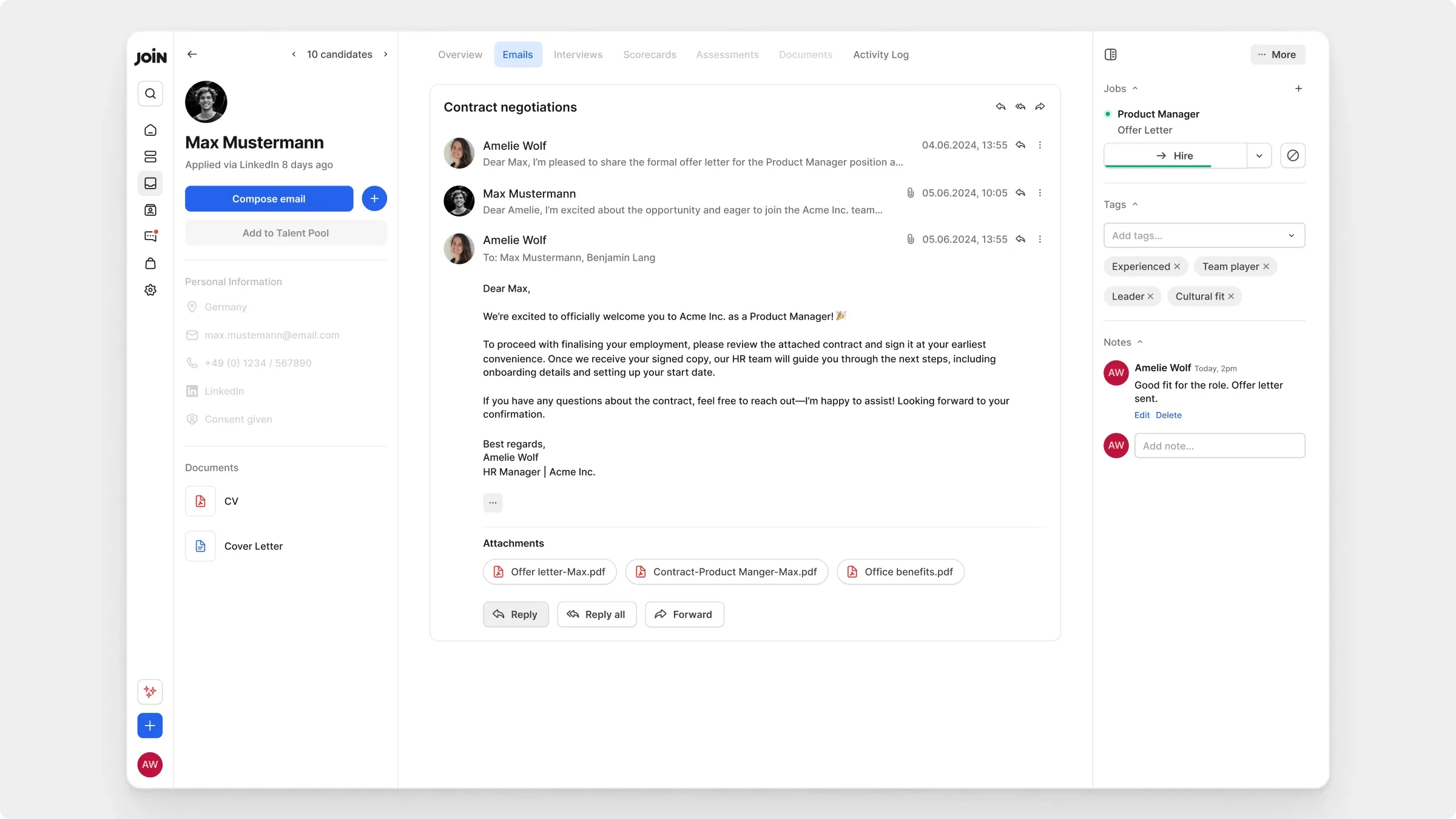 Email tab candidate profile