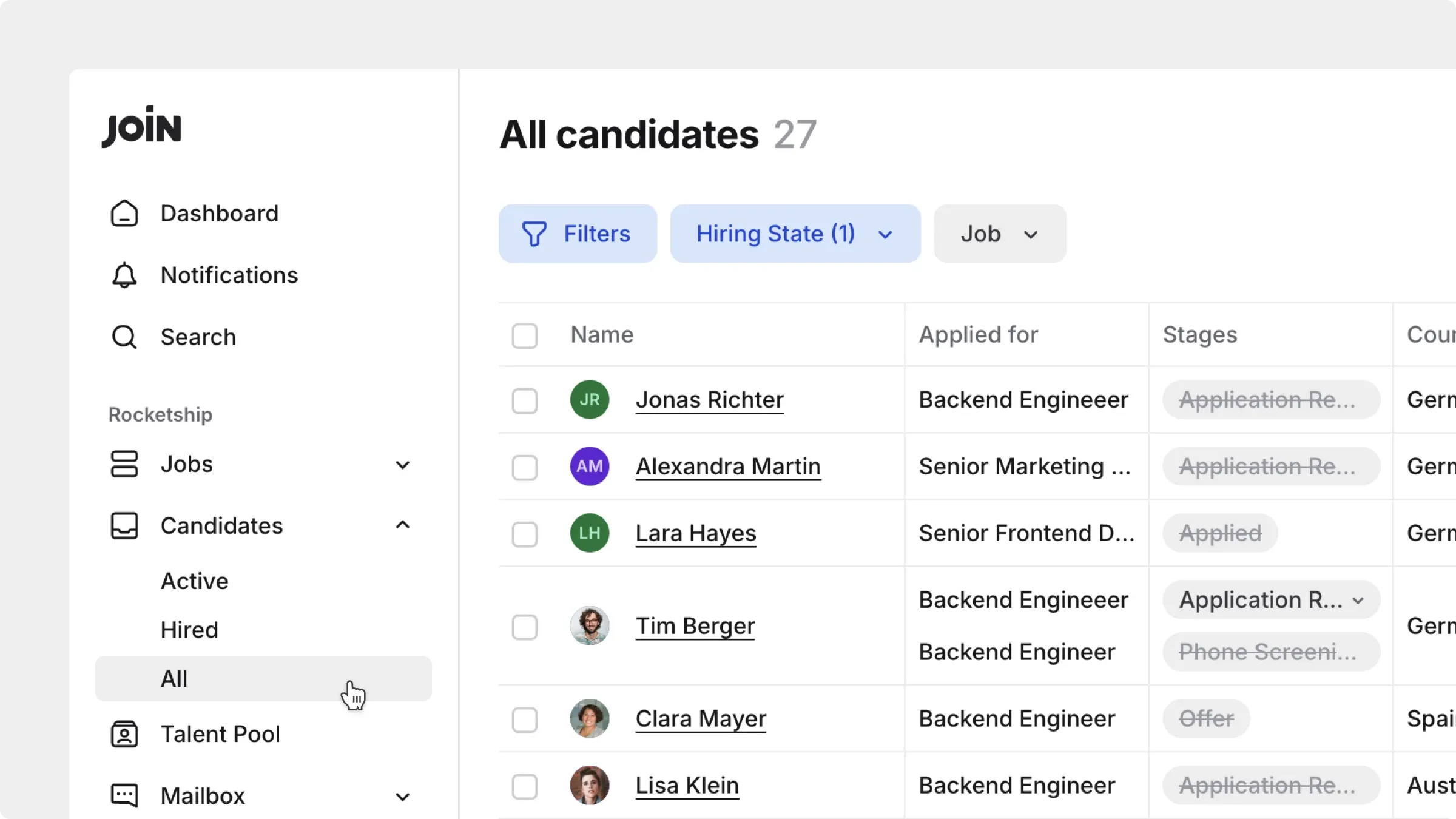 All candidates view with hiring-state filters and applications in the table