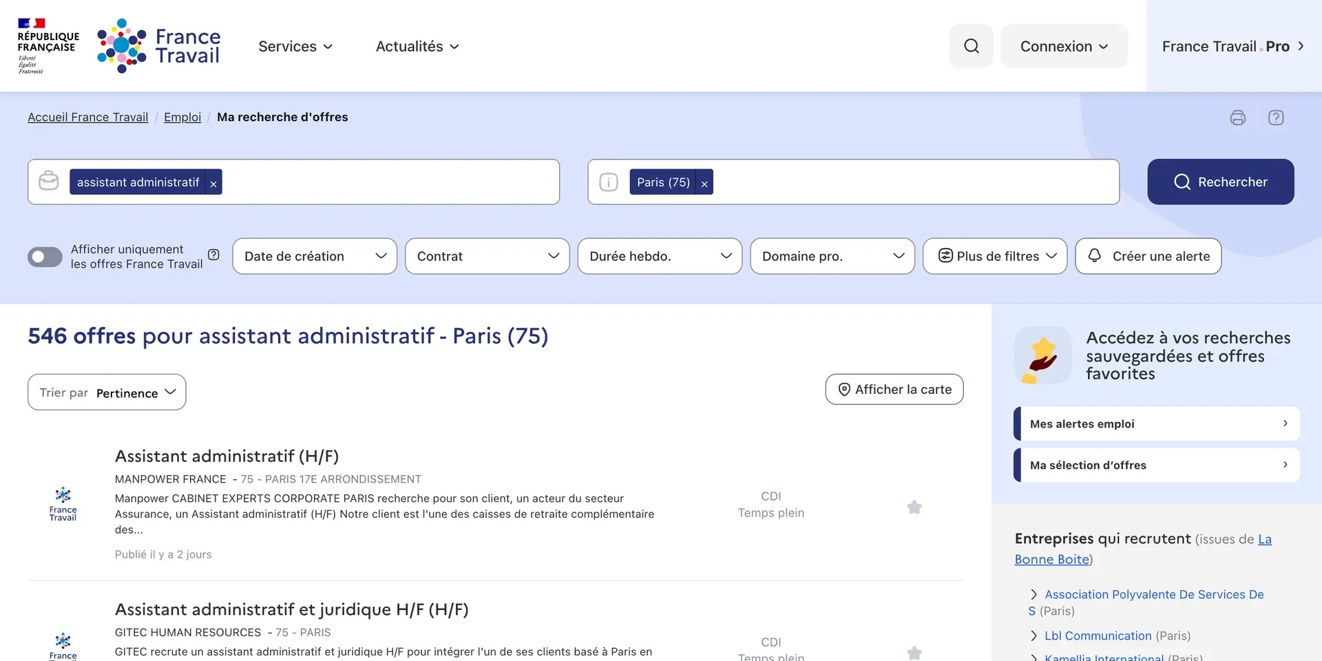 De vacaturezoeker van France Travail: 546 vacatures voor administratief assistent in Parijs, met filters boven de lijst