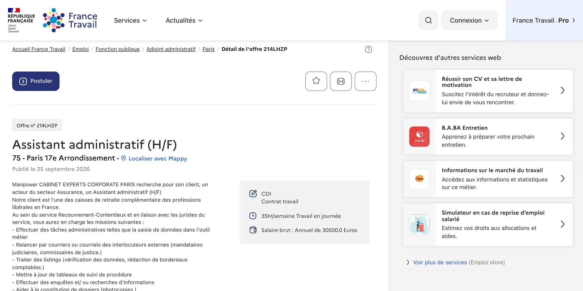 Een vacature bij France Travail voor administratief assistent in Parijs, met contractvorm, uren en salaris