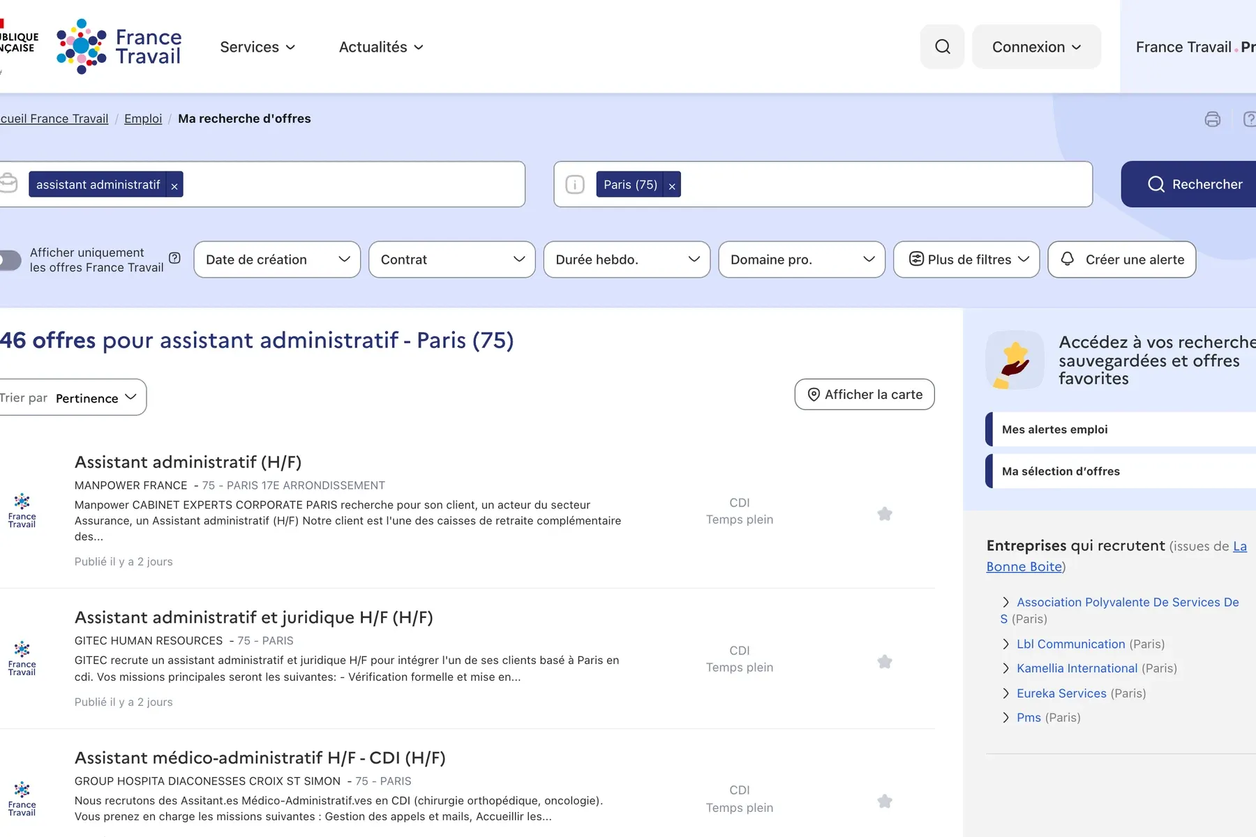 La recherche d'offres de France Travail : 546 offres d'assistant administratif à Paris, avec les filtres au-dessus de la liste